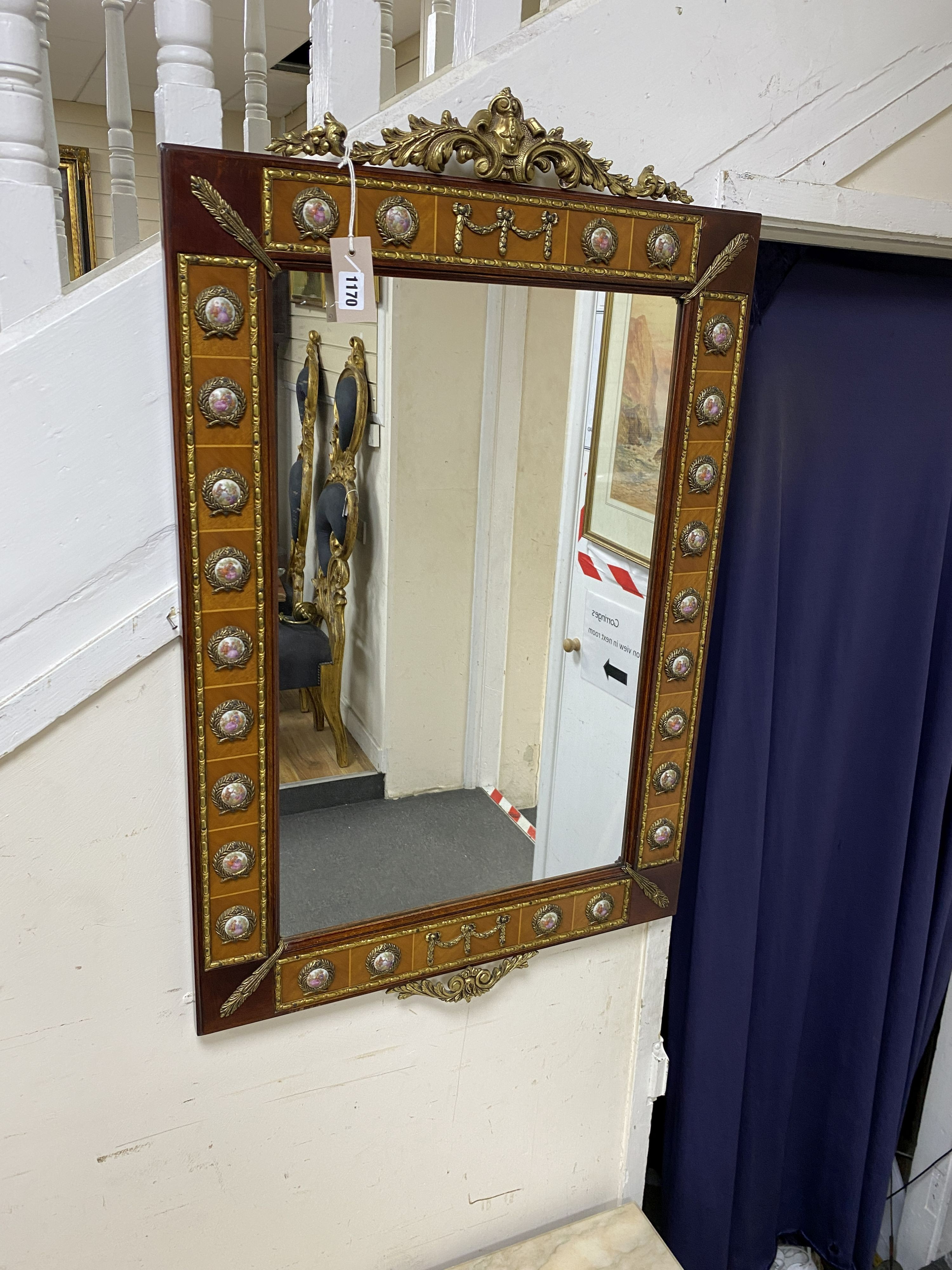 A Louis XVI style rectangular walnut, gilt metal and porcelain mounted mirror, width 60cm, height 90cm together with a similar marble topped coffee table